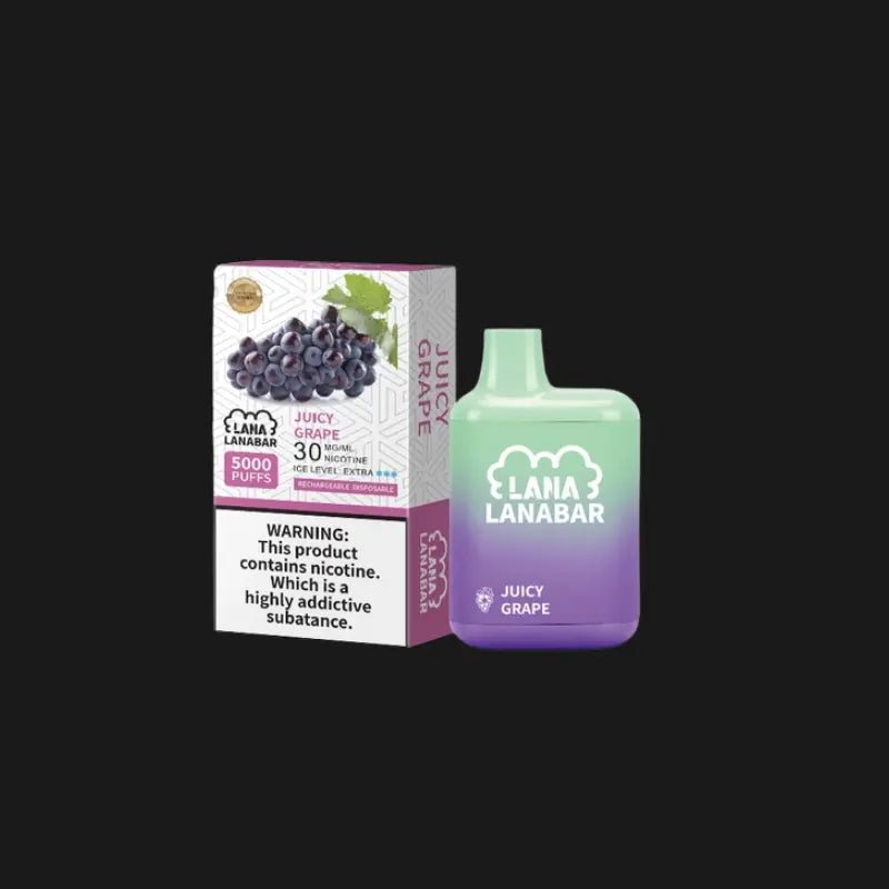 Lana-Bar-5000-Puffs,-Juicy-Grape-flavor-on-a-black-background-LANA