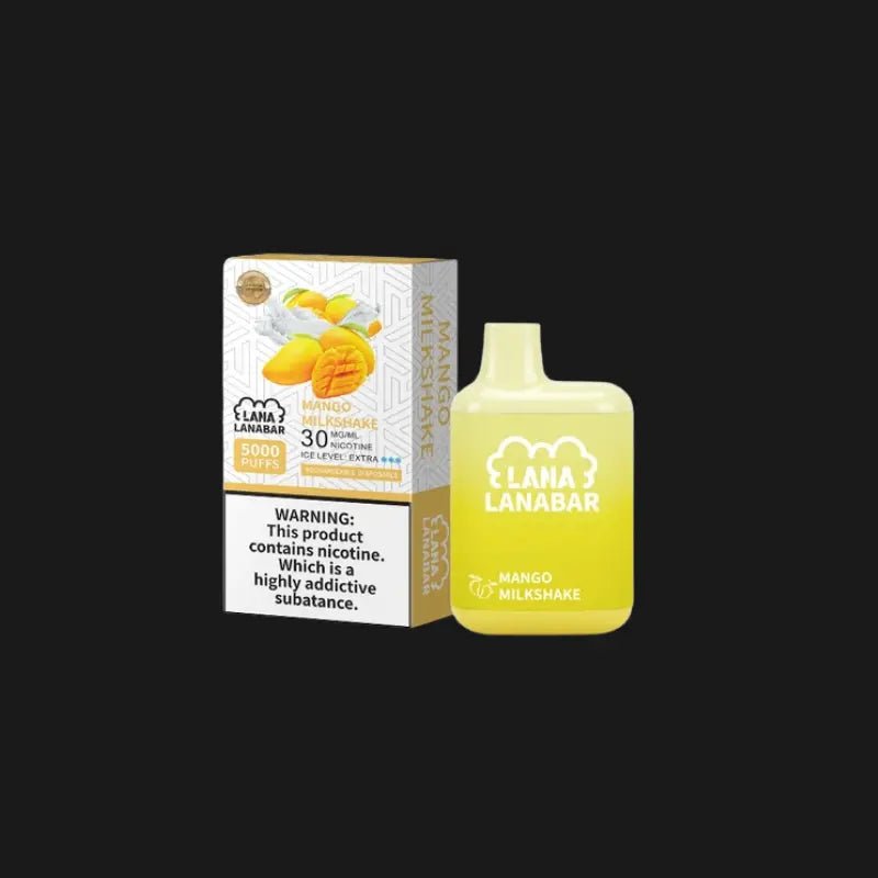 Lana-Bar-5000-Puffs,-Mango-Milkshake-flavor-on-a-black-background-LANA